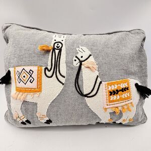 Double Lama Cotton Gray And Yellow Textured Embroidered Pillow 16x11